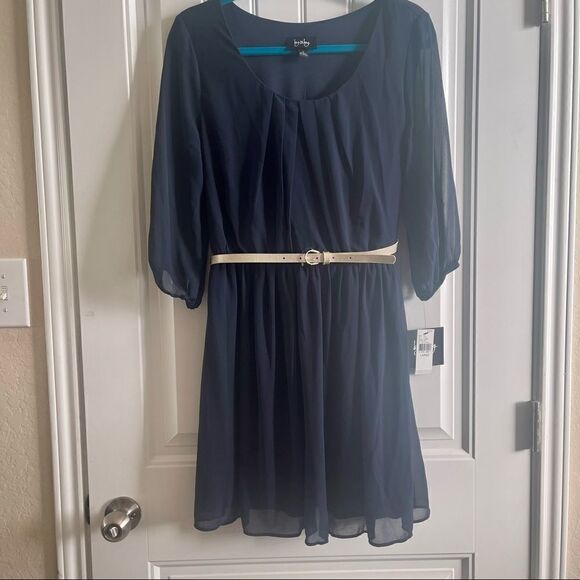 By & By Navy Fit & Flare Midi Dress with Gold Belt; SZ Large; BNWT - Picture 1 of 10